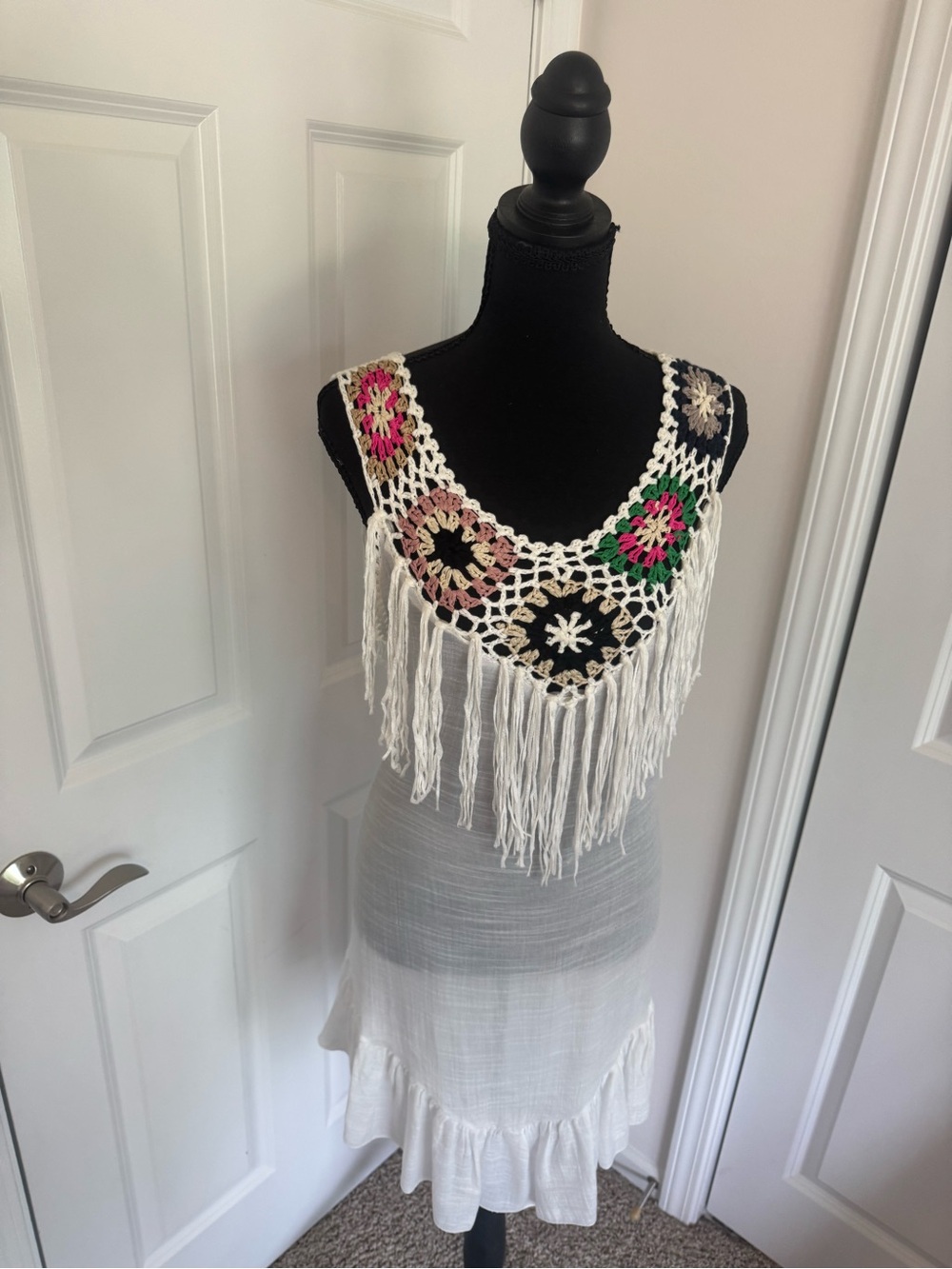 Boho Crochet Granny Square Fringe Dress Sleeveless Festival Beach Cover Up NWT - Picture 5 of 10
